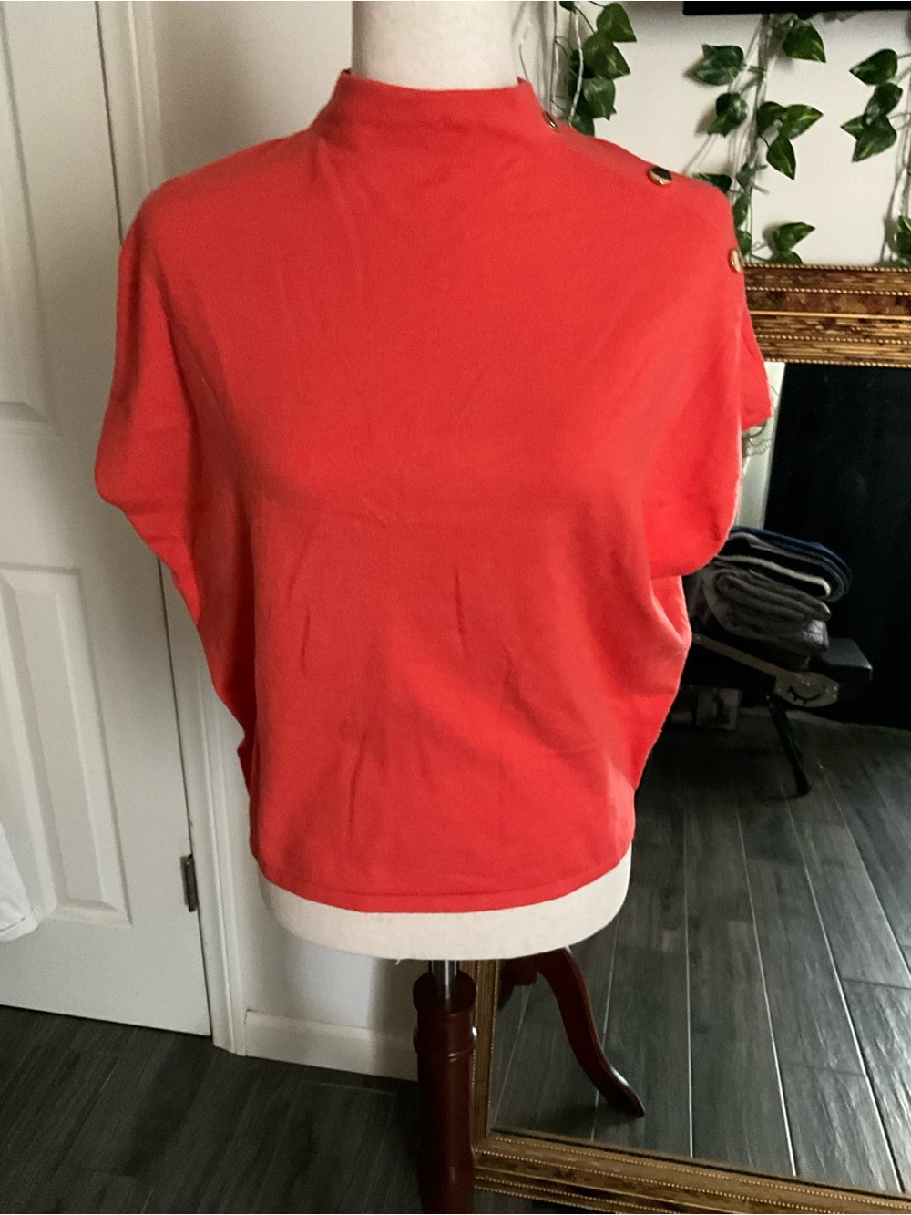 Tahari Coral Mock Neck Short-Sleeve Top with Shoulder Buttons